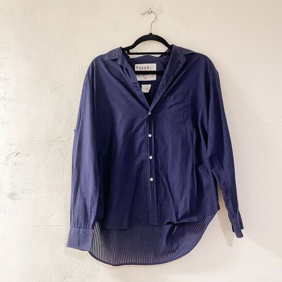 Frank & Eileen Eileen Poplin Sheer Button Down Blouse in Navy Stripe Medium - Picture 2 of 6